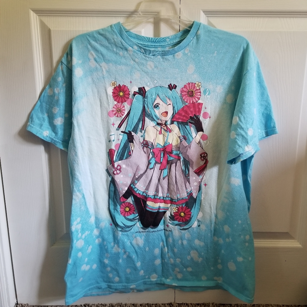 Hatsune Miku Unisex T-Shirt Large Blue Pink Graphic Tie-Dye